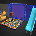 Playground Equipment Featuring Colorful Ball Pit Blue Inflatable Walls Yellow Rings And Blue Slide