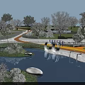 Scenic Landscape With Calm Water Reflections Green Trees Curved Path And White Sculptures