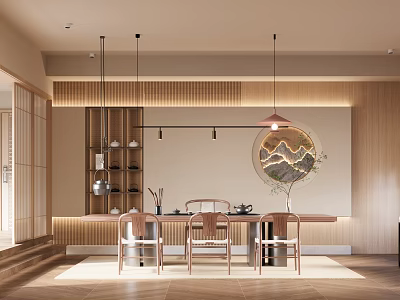 Wooden Tea Room Interior With Round Landscape Painting Pendant Lights And Chairs 3d model