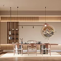 Wooden Tea Room Interior With Round Landscape Painting Pendant Lights And Chairs