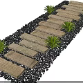 Garden Path Paving With Natural Stone Slabs And Black Gravel Surrounding Green Plants