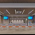 School Multipurpose Room with White Orange Chairs Large Screens Wooden Strip Ceiling and Lighting