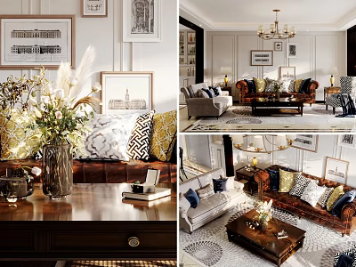Elegant Living Dining Room Interior With Framed Artworks Sofa Throw Pillows And Coffee Table 3d model