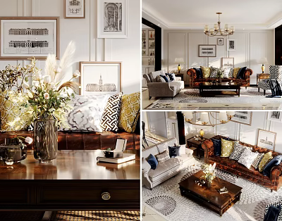Elegant Living Dining Room Interior With Framed Artworks Sofa Throw Pillows And Coffee Table 3d model