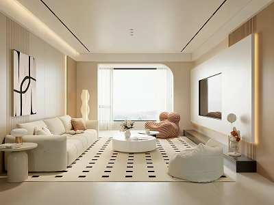 Modern Living Room Interior With White Sofa Geometric Rug And Floor To Ceiling Window 3d model