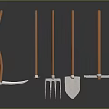 Five Piece Garden Tool Set With Orange Handles And Metal Heads On Dark Surface