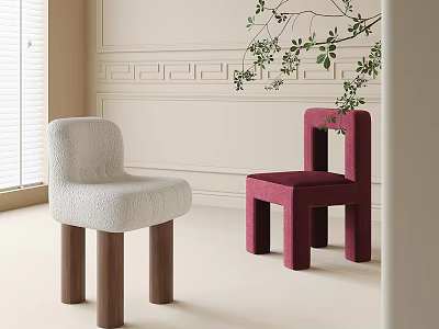 Modern White Plush And Magenta Upholstered Chairs With Wooden Legs In Light Room 3d model