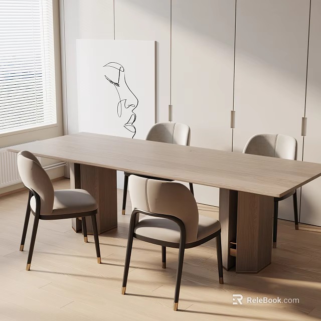 Modern Dining Table Set With Light Gray Chairs Window Wall Art And Pendant Lights 3d model 