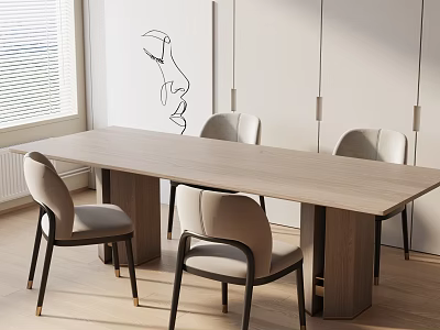 Modern Dining Table Set With Light Gray Chairs Window Wall Art And Pendant Lights 3d model