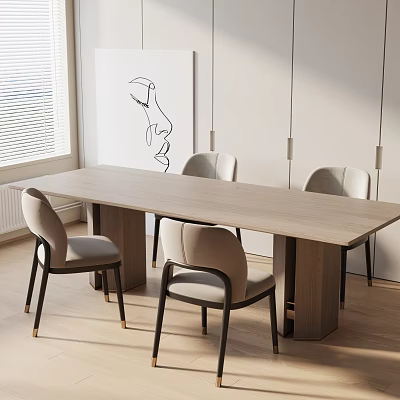 Modern Dining Table Set With Light Gray Chairs Window Wall Art And Pendant Lights 3d model