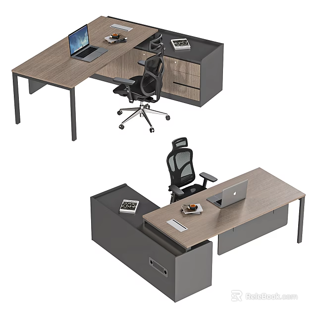 Modern L Shaped Office Desk With Laptop Documents Office Chair And Drawer Cabinet 3d model 