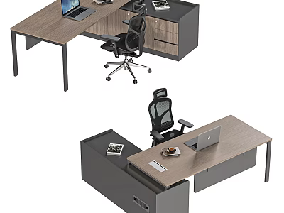 Modern L Shaped Office Desk With Laptop Documents Office Chair And Drawer Cabinet 3d model