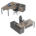 Modern L Shaped Office Desk With Laptop Documents Office Chair And Drawer Cabinet