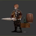 Game Movie Character With Red Hair Armor Shield By Wooden Crate Green Bottle And Stone