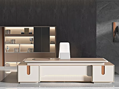 Modern Office Interior With White Desk Bookshelf Lighting And Dark Wall Design 3d model