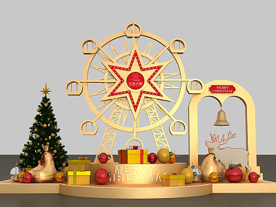 Festive Christmas Decoration Display With Ferris Wheel Star Tree Gift Boxes And Bell 3d model