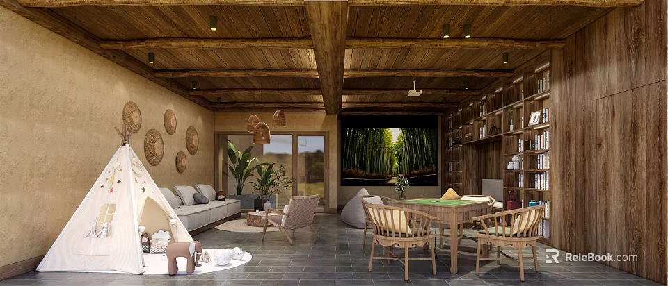 Hotel Guest Room Featuring Wooden Ceiling Sofa Bookshelves Plants And Window 3d model 