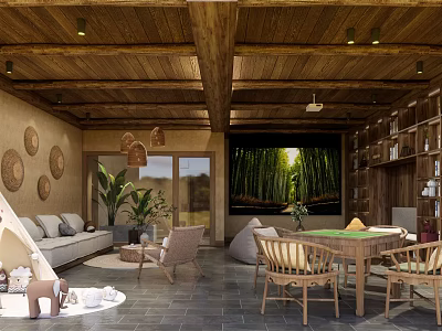 Hotel Guest Room Featuring Wooden Ceiling Sofa Bookshelves Plants And Window 3d model