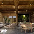 Hotel Guest Room Featuring Wooden Ceiling Sofa Bookshelves Plants And Window