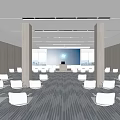 Modern Conference Room Interior With Large Projection Screen White Chairs And Wooden Columns