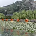 Garden Landscape with Weeping Willows Green Slope Protection and Red Circular Signs by Water Surface