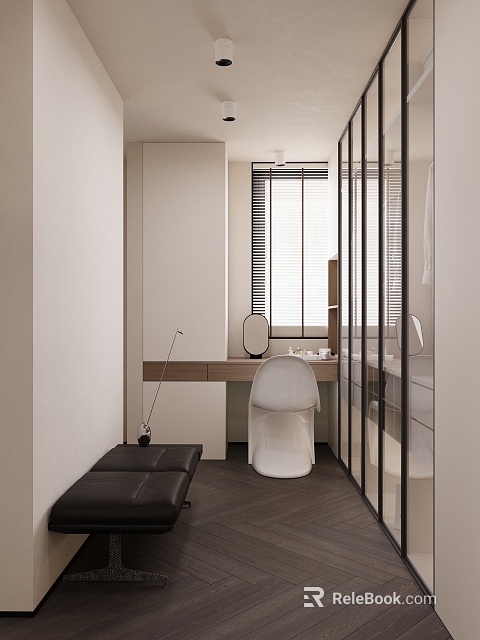 Modern Minimalist Cloakroom Interior With Light Cabinets Mirror And Bench 3d model 