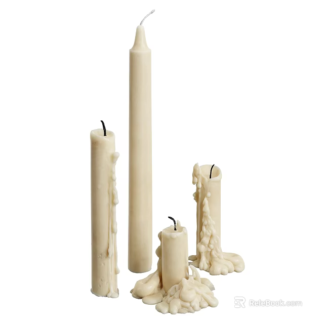 Handmade Ivory White Candles With Various Heights Shapes And Dripping Wax Details 3d model 