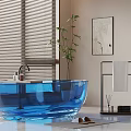 Blue Transparent Bathtub In Modern Bathroom With Window Blinds Green Plant And Towel Rack