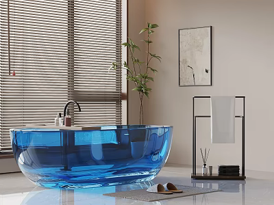 Blue Transparent Bathtub In Modern Bathroom With Window Blinds Green Plant And Towel Rack 3d model