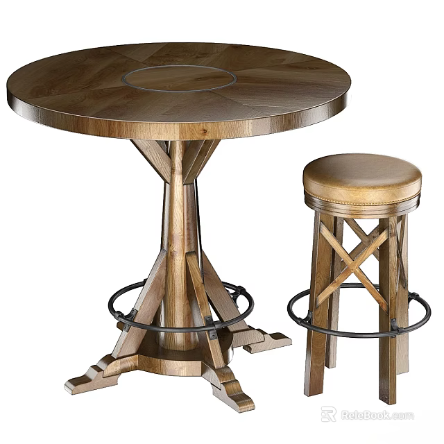 Classic Round Bar Counter With Wooden Top Base And Stool Crossed Legs Metal Ring Footrest 3d model 