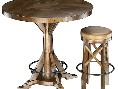 Classic Round Bar Counter With Wooden Top Base And Stool Crossed Legs Metal Ring Footrest 3d model