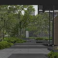 Residential Landscape With Lush Trees Stone Pathway Modern Buildings And Greenery Seating Area 3d model