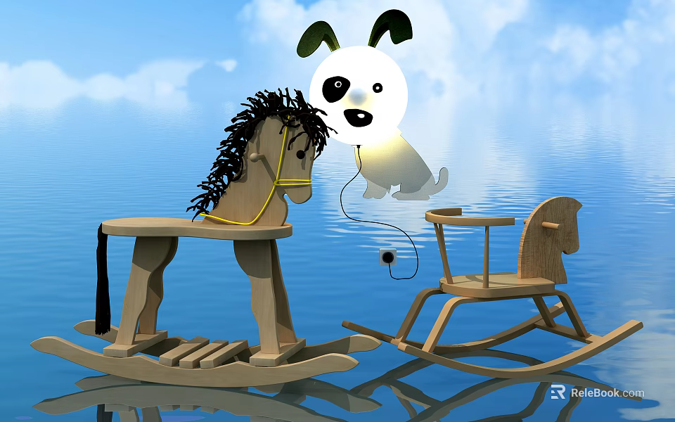 Wooden Building Blocks Rocking Horse Chair And Puppy Doll With Blue Sky Water Reflection 3d model 