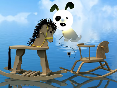 Wooden Building Blocks Rocking Horse Chair And Puppy Doll With Blue Sky Water Reflection 3d model