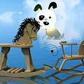 Wooden Building Blocks Rocking Horse Chair And Puppy Doll With Blue Sky Water Reflection