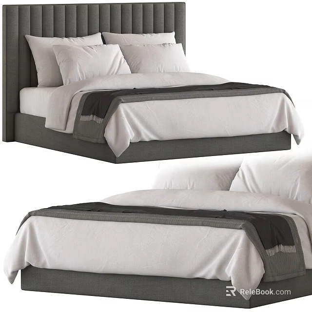 Modern Double Bed Interior Design With Gray Headboard White Linens And Soft Pillows 3d model