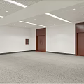 Spacious Office Corridor With White Walls Brown Wooden Doors Gray Carpet Grid Ceiling And Green Plants