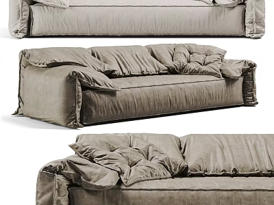 Gray Velvet Sectional Sofa With Plush Puffed Cushions And Modern Ruched Design For Living Room 3d model