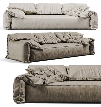 Gray Velvet Sectional Sofa With Plush Puffed Cushions And Modern Ruched Design For Living Room 3d model