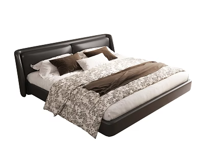 Modern Double Bed with Black Upholstered Headboard and Patterned Bedspread Pillows 3d model
