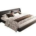 Modern Double Bed with Black Upholstered Headboard and Patterned Bedspread Pillows 3d model