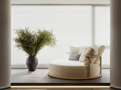 Round Beige Single Sofa In Modern Style With Black Vase Green Plant And White Blinds 3d model