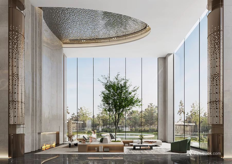 Luxury Indoor Lounge Area With Large Windows Greenery And Comfortable Seating 3d model