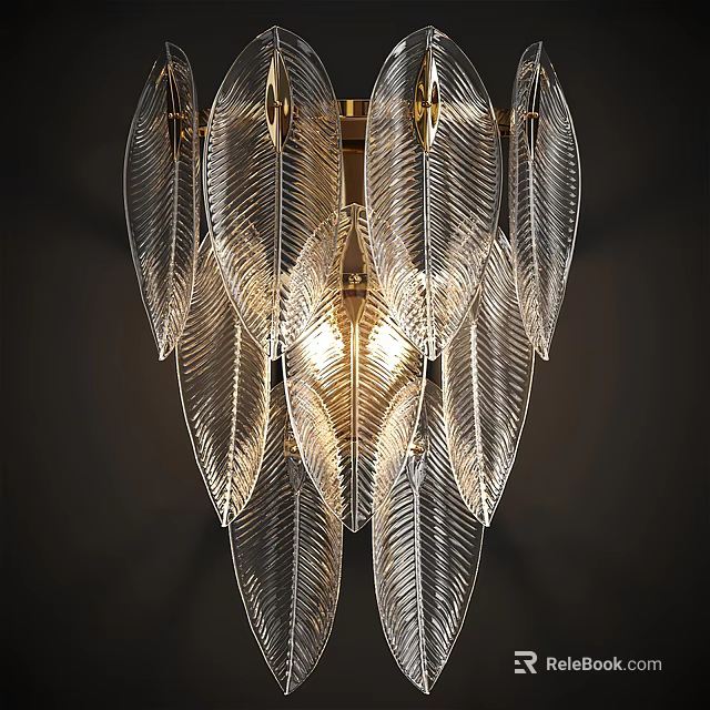 Luxurious Feather Shaped Transparent Wall Lamp With Golden Accents And Warm Light 3d model 