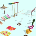 Essential Beach Sports Equipment Including Beach Chairs Umbrellas Life Rings Surfboards And Float Boards