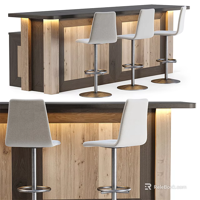 Modern Wooden Bar Counter With High Stools And Ambient Lighting Design 3d model 
