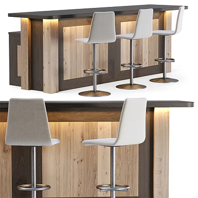 Modern Wooden Bar Counter With High Stools And Ambient Lighting Design 3d model