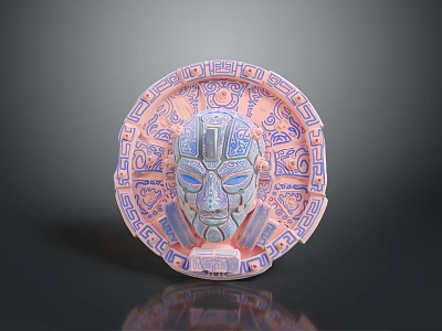 Circular Decorative Ornament In Pink Blue With Intricate Face Carving And Geometric Patterns 3d model