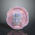 Circular Decorative Ornament In Pink Blue With Intricate Face Carving And Geometric Patterns