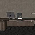 Modern Wooden Office Desk Interior With Mac Computer Black Chair Table Lamp And Decor